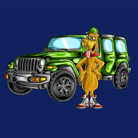 Dog funny cartoon character design with carのイラスト素材