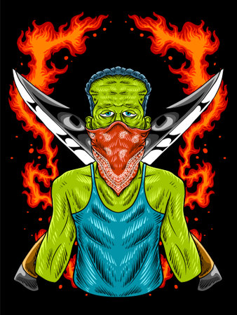 Zombie gangsta with sharp knifeのイラスト素材