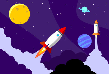 Rocket in the space with planets and stars. Flat vector design and illustrationのイラスト素材