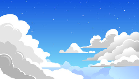 Illustration of a blue sky background with white fluffy clouds and starsのイラスト素材
