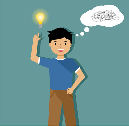 Illustration of a man with problem or issue in mind and find ideaのイラスト素材
