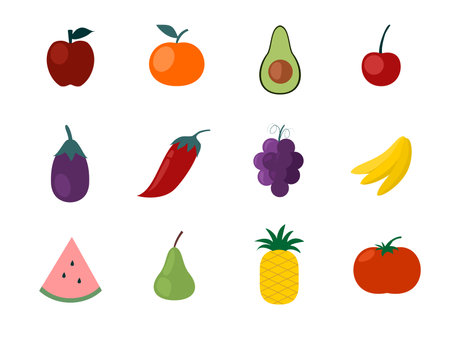 Fruits and vegetables icon set. Vector illustration in flat style.のイラスト素材