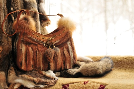 Fur purse with a wolf fellのeditorial素材