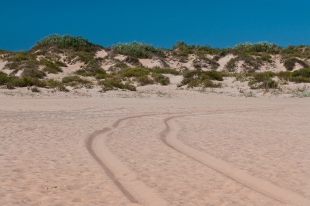 Road in the sand between the sand hillsの写真素材