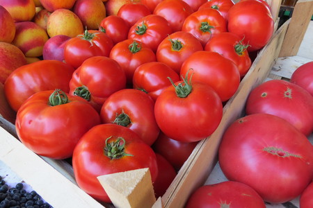 Big red tomatoes at the food market in Bar-city, Montenegroの写真素材