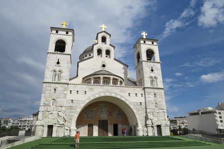 Old white stone cathedral in Montenegroの写真素材