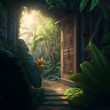 3D render of an entrance to the jungle with a wooden doorの素材
