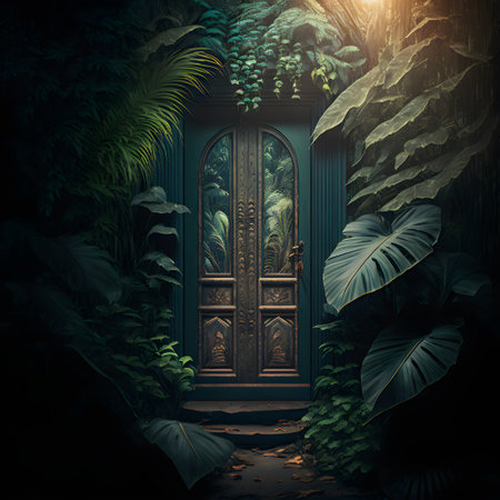 Door to the jungle. 3d rendering, 3d illustration.の素材