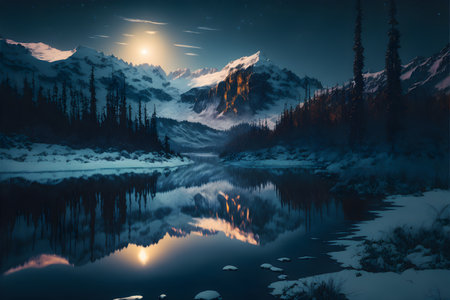 Mountain lake in the forest at night. The moon is reflected in the water.の素材
