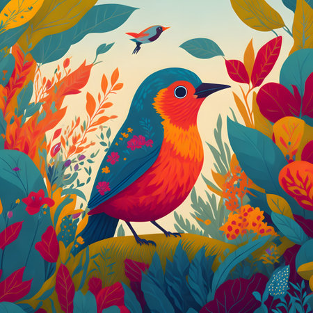 Colorful vector illustration of a bird on a background of flowers.の写真素材
