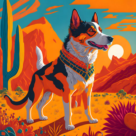 Vector illustration of a dog with a scarf on his neck in the desert.の素材