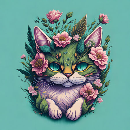 Cute cat with flowers. Vector illustration of a cat with flowers.の素材