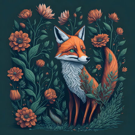 Beautiful fox with flowers on a dark background. Vector illustration.の素材