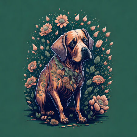 Vector illustration of a beagle dog with flowers and leaves on a green background.の素材