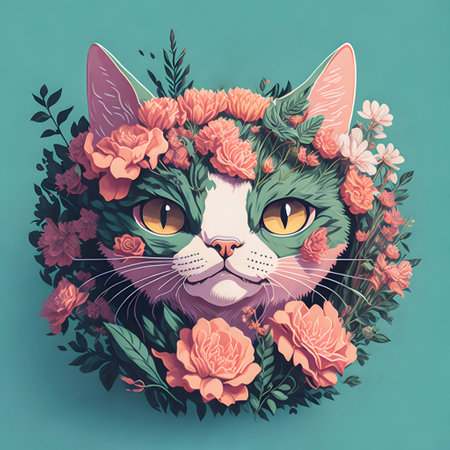 Vector illustration of a cat with a bouquet of flowers on a blue background.の素材