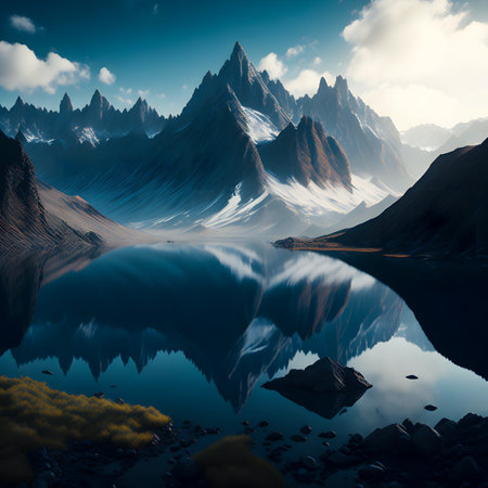 Fantasy alien planet. Mountain and lake. 3D illustration.の素材