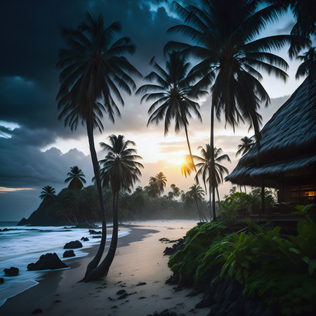 Tropical beach at sunset with palm trees and bungalowsの素材