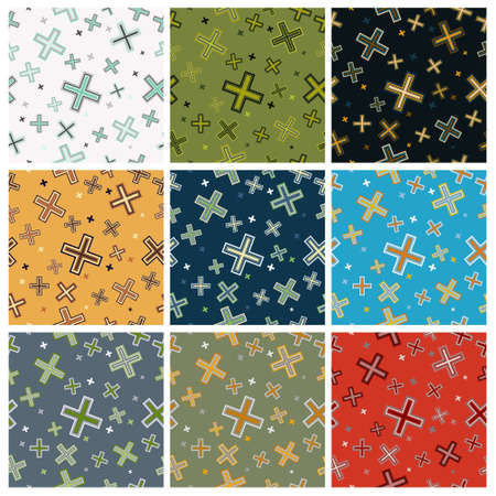Abstract cross symbol seamless pattern with colour combinations. Modern design, minimalist, suitable for wallpapers, fabric pattern, banners, backgrounds, cards, etc.のイラスト素材
