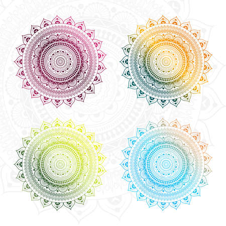Round mandala background with various colour gradient combinations. Design for any card, birthday, other holiday, kaleidoscope, yoga, india, folk, arabic. Indian pattern.のイラスト素材
