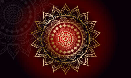 Luxury geometric gold gradient dark red mandala background. Design for any card, birthday, other holiday, kaleidoscope, yoga, india, folk, arabic. Indian pattern.のイラスト素材