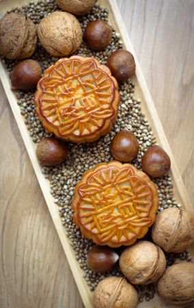 Mid autumn moon cakes and nutsのeditorial素材