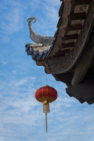 Red lanterns under the eavesの写真素材