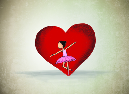 graphic illustration drawing of lonely ballerina dancing with red heart background. Idea of performance, art, cartoon, drawing design template wallpaper conceptの写真素材