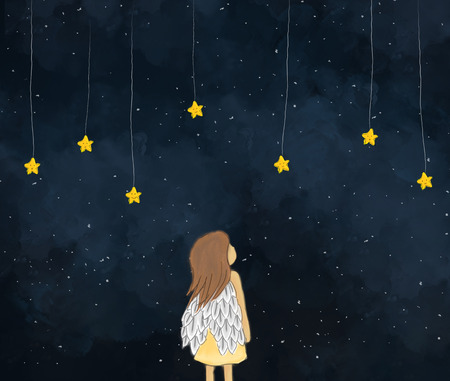 illustration drawing of a little girl angel looking at yellow stars hanging in starry night. Cute face of stars. Dark sky night time background wallpaper template design. Idea of dreaming, fantasyの写真素材