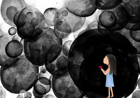 girl standing in black color bubbles with hand holding red heart. Graphic illustration drawing with idea of lonely, love, sad, making wish, valentine. Design template, wallpaper, artistic drawingの写真素材