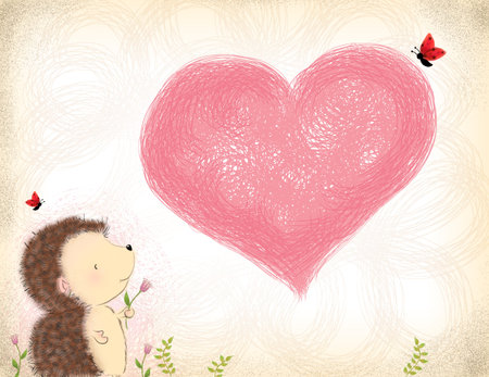 drawing or illustration of cartoon porcupine holding pink flower with big pink heart shape over grunge background. Idea for valentine, love, wedding, birthday card template background designの写真素材