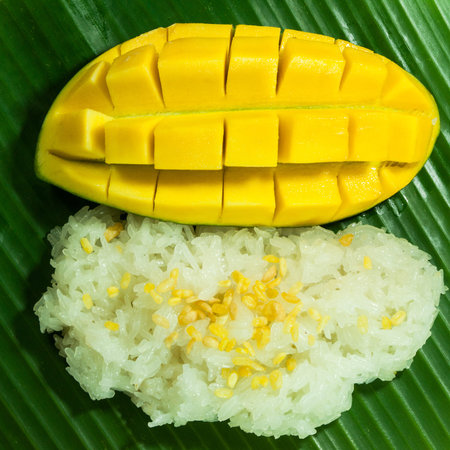 Dessert sweet sticky rice with mango topped coconut milkの写真素材