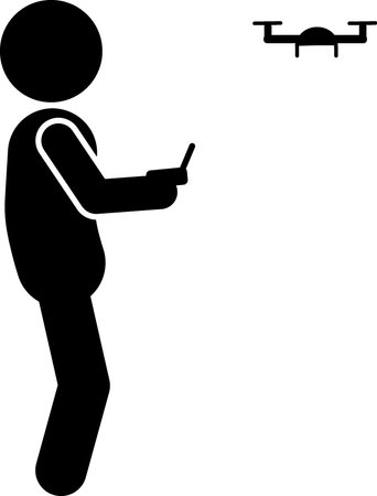 Drone silhouette with man and remote control on white background. Vector illustration.のイラスト素材