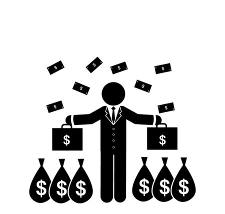 Businessman with money bag icon. Simple illustration of businessman with money bag vector icon for web, rich, crazy richのイラスト素材