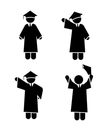 Graduate black silhouette icons set on white background. Vector illustration.のイラスト素材
