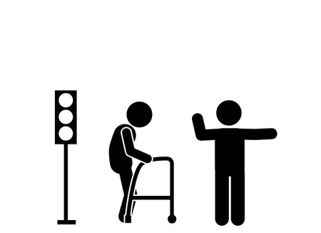 Man with a walker and a traffic light. Vector illustration.のイラスト素材