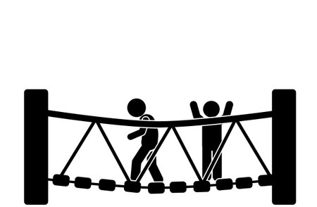 Silhouette of children climbing a rope barrier. Vector illustration.のイラスト素材