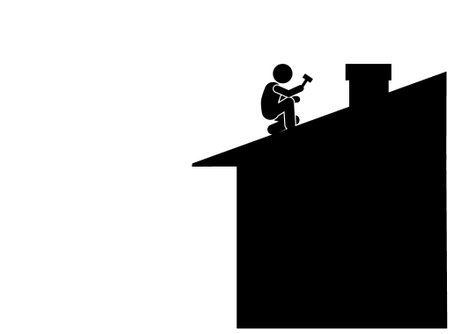 Vector illustration of a man sitting on the roof of a house. repair the roof of the houseのイラスト素材