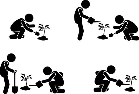 Gardener planting a seedling in the garden - vector illustrationのイラスト素材