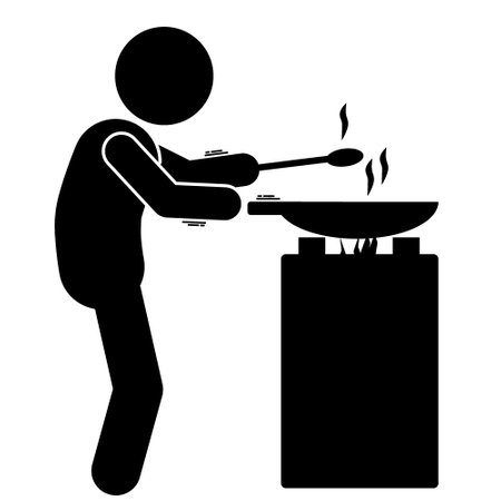 Vector illustration of a man cooking in the kitchen. Black silhouette on a white background.のイラスト素材