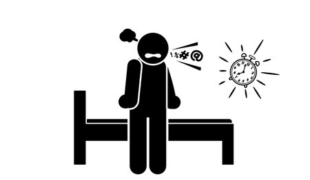 stick figure cartoon vector illustration frustrated, unhappy, unable to sleep due to insomniaのイラスト素材