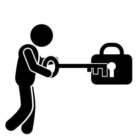 vector illustration of stick man, stick figure, pictogram opening a lock, opening a padlockのイラスト素材