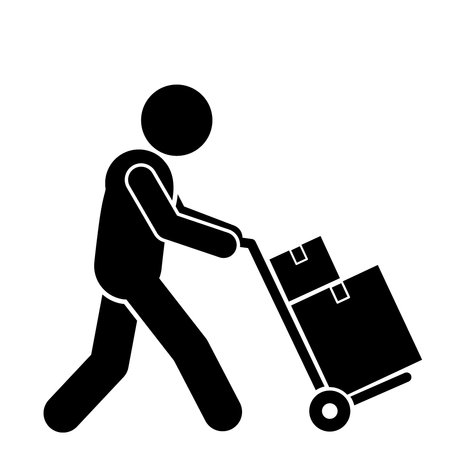 vector illustration of stick man, stick figure, pictogram carrying goods with a hand truck, movingのイラスト素材
