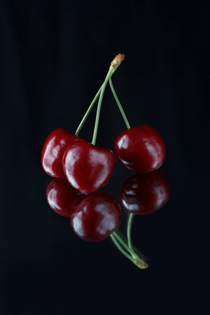 three red cherries on a black background with reflection. Fresh cherries on a black background.の写真素材