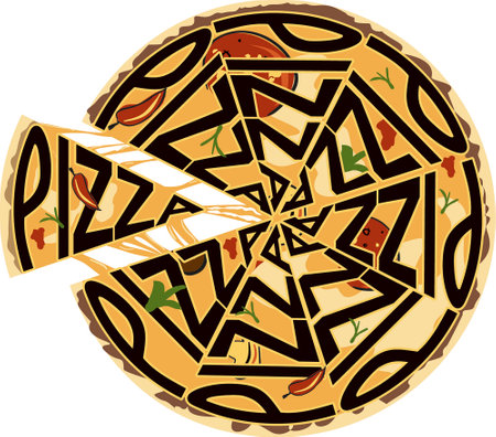 Illustration of pizza with cheese, tomato and olives on white backgroundのイラスト素材