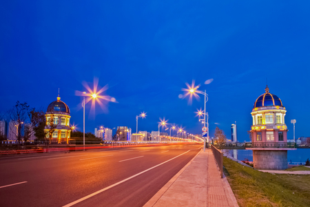 The Bund architectural landscape of Songhua River, Harbin, Heilongjiangの写真素材