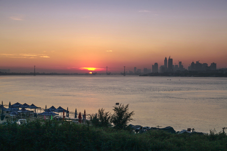 The Bund architectural landscape of Songhua River, Harbin, Heilongjiangの写真素材