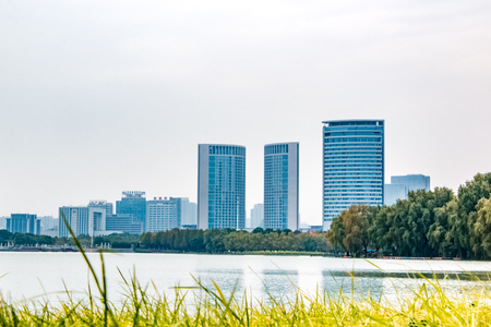 Architectural Landscape of Swan Lake  and Financial Business Center, Hefei City, Anhui Provinceのeditorial素材