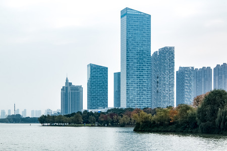 Architectural Landscape of Swan Lake  and Financial Business Center, Hefei City, Anhui Provinceのeditorial素材