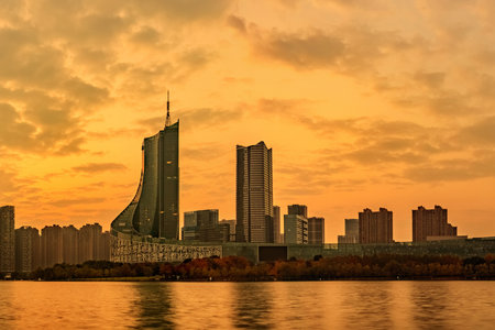High-rise building landscape of Swan Lake Financial Business Circle in Hefei City, Anhui Province