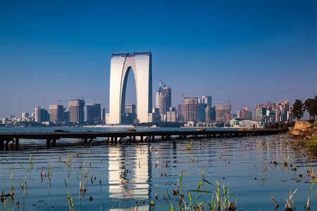Landscape of Jinji Lake Bund in Suzhou City, Jiangsu Provinceのeditorial素材